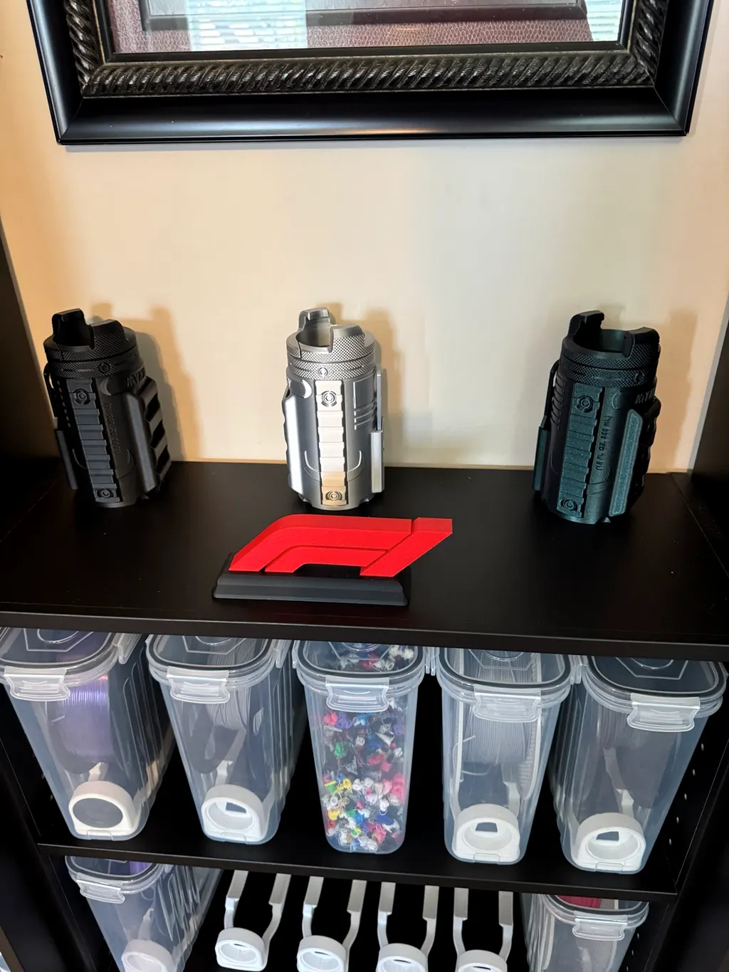 Printed storage containers with threaded lids in several colors