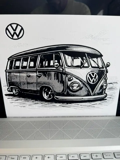 Black-and-white line-art HueForge of a Volkswagen bus